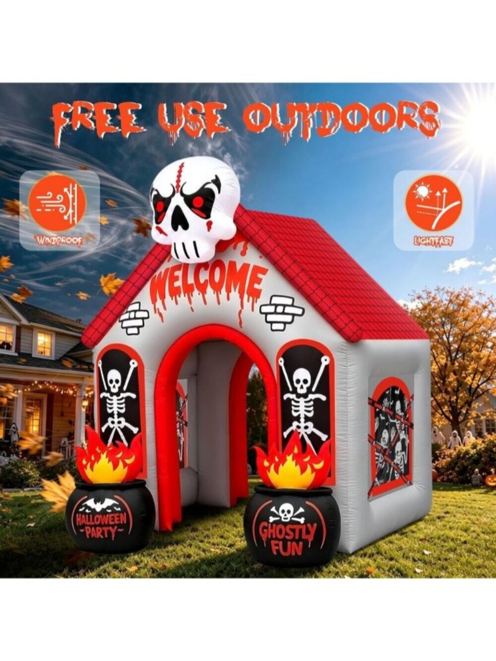 12FT Halloween Skeleton Arch Inflatables Archway Ghost Red Black Skeleton House - Picture 6 of 7